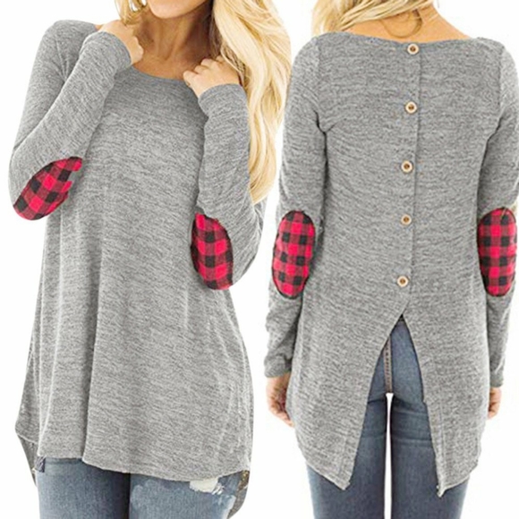 boutique Tops - Long Sleeve O-Neck Plaid Block Tops Back Split lg